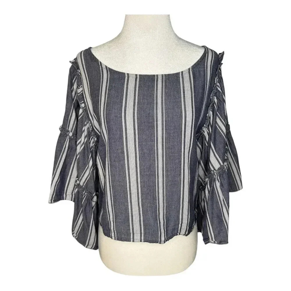 Hollister Women's Size Small Striped Cropped Blouse Blue Bell Flare Sleeve